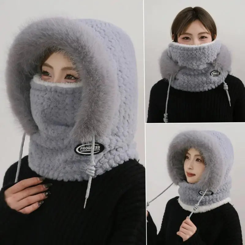 Simple Solid Color Cycling Windproof Cap Thickened Neck Warmer Ear Protection Hat Keep Warm Windproof Winter Hat Scarf Set Pi-Mart