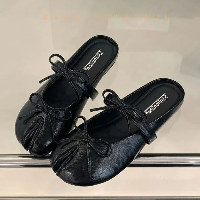 Spring Summer Microfiber Leather Split Toe Women Pumps Fashion bowknot Designer Low Heeled Tabi Soft Soles Loafers Casual Shoes LadyShow.Store