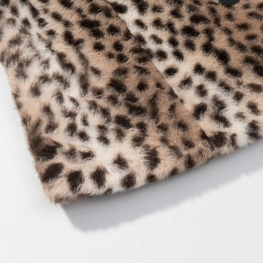Retro Leopard Faux Fur Short Coat Lady Chic O-neck Single Button Placket Spotted Dot Cropped Long Sleeve Outerwear Street Jacket Pi-Mart