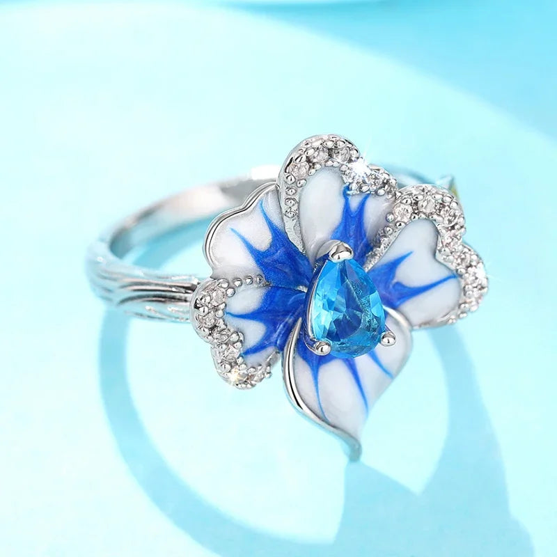 Huitan Gorgeous Creative Rings with Blue Flower Designed Elegant Temperament Party Jewelry for Women Delicate Finger Accessories Pi-Mart