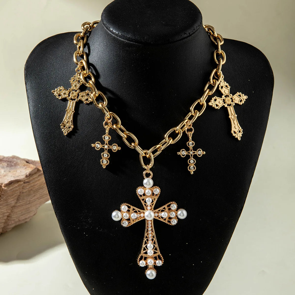 Vintage Creative Imitation Pearl Big Cross Pendant Necklace for Men Woman Luxury Rhinestone Choker Adjustable Chain Jewelry Pi-Mart