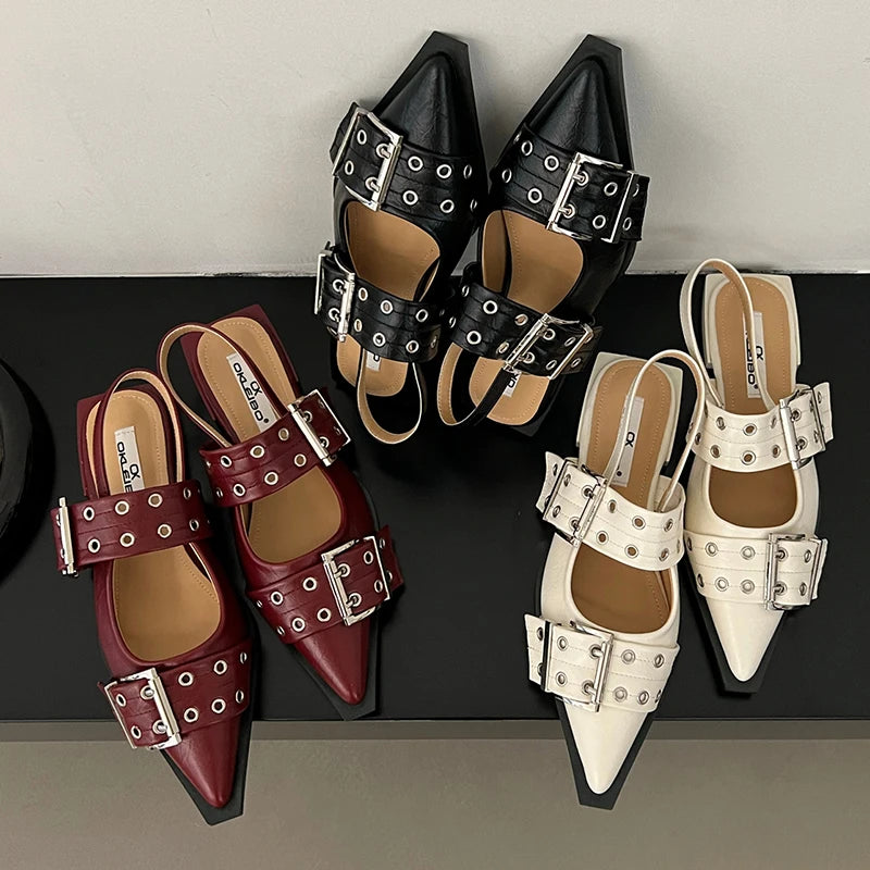 Women Flat With Shoes 2026 Designer Luxury Buckle Fashion Ladies Flats Shoes Slingback Pointed Toe Casual Female Sandals Mules Pi-Mart