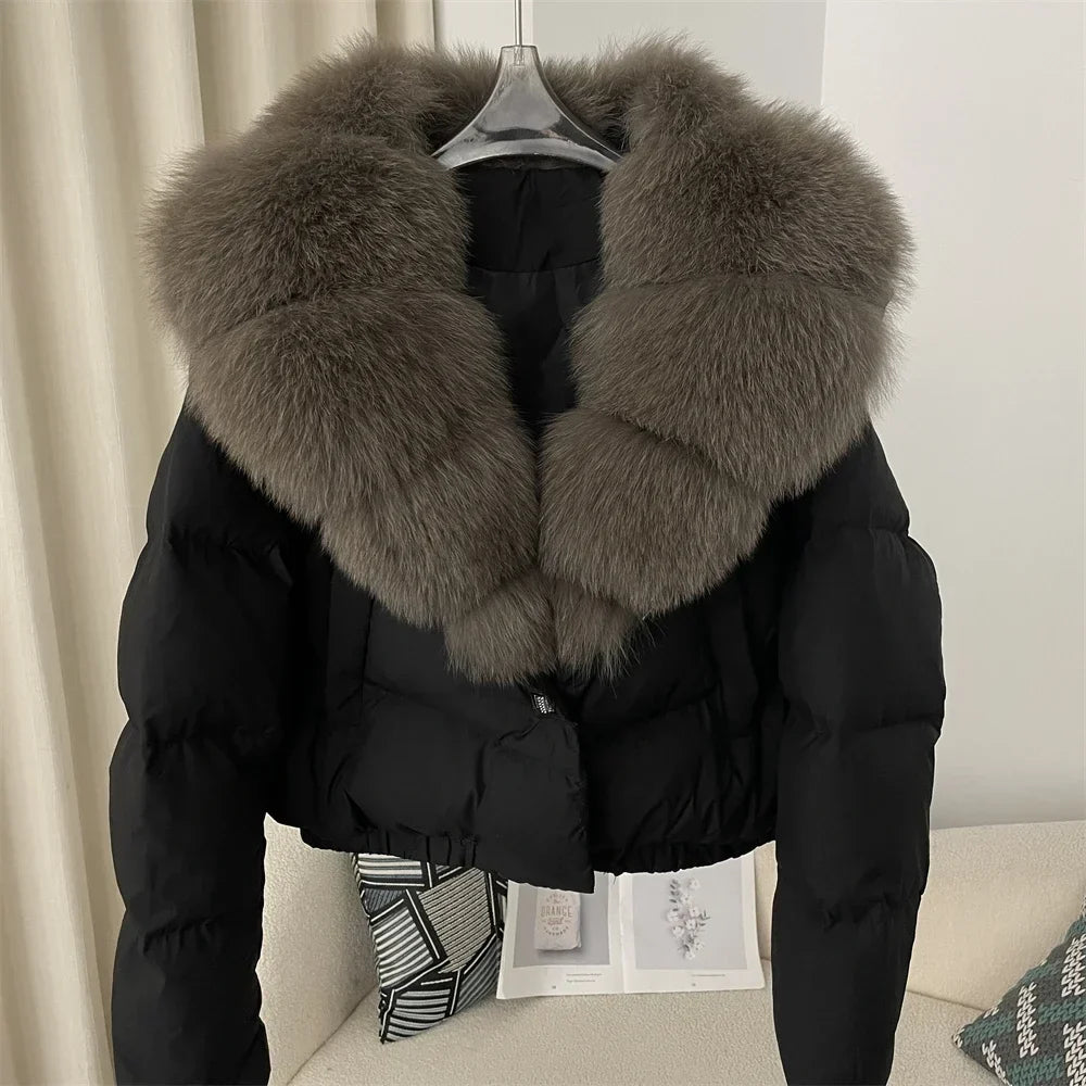 Down Jacket Women Short Puffer Jacket Thick New Big Natural Real Fox Fur Coat  Autumn Winter Female White Duck Down Coat Feather LadyShow.Store