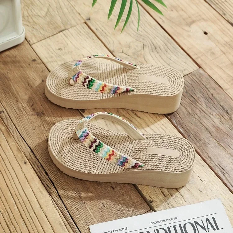 Women's Fashion Trend, Anti Slip, Wear-resistant, Comfortable Soft Bottom, Ethnic Style Flat Heel Flip Flops Pi-Mart