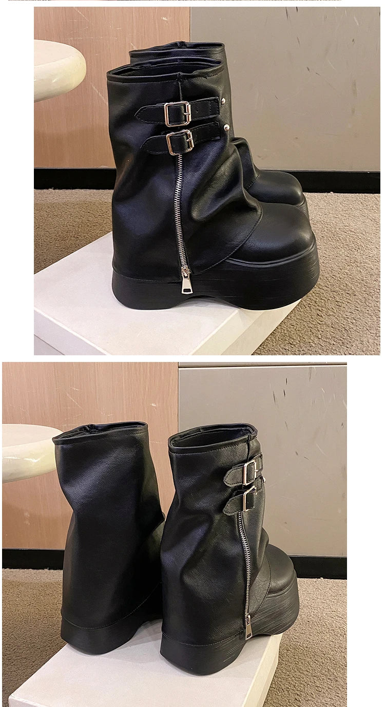 Soft Leather Ankle Mid Calf Boots Winter Autumn High Platform Wedge British Booties Woman New Ladies Chunky Motorcycle Boots 9CM Pi-Mart