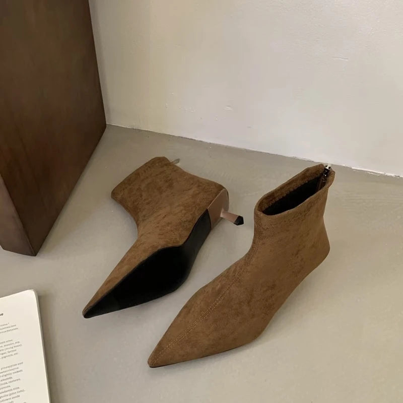 SUOJIALUN 2024 Winter New Brand Women Short Boots Fashion Pointed Toe Ladies Elegant Ankle Boots Thin High Heel Dress Pumps Shoe Pi-Mart