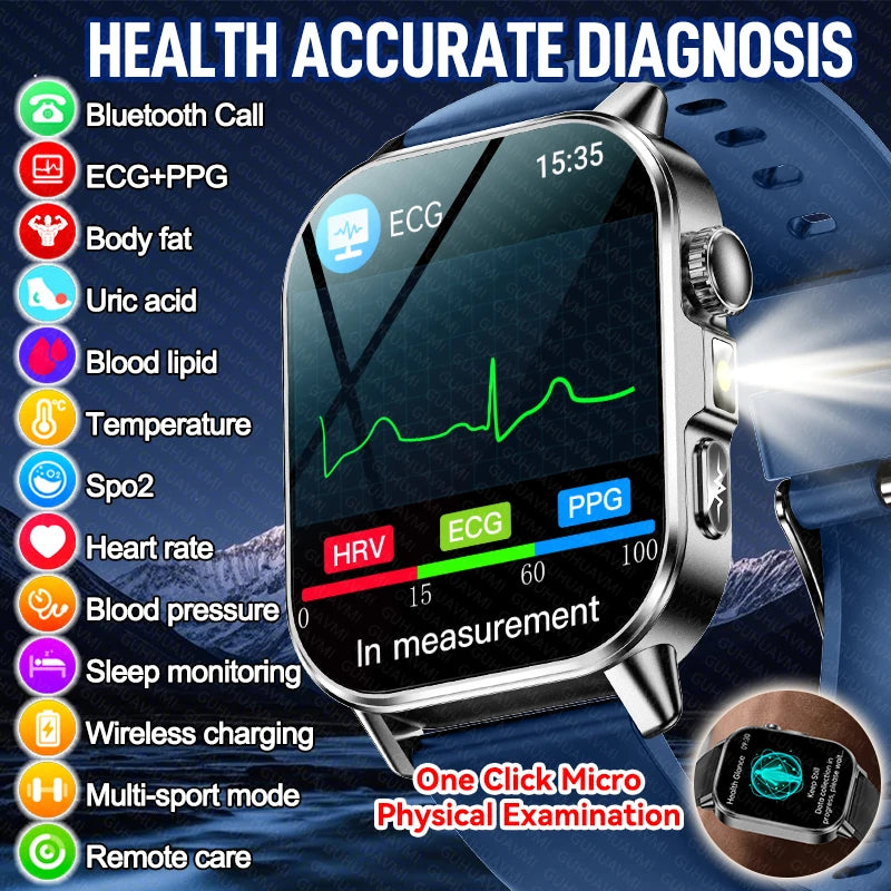 New Men Accurate Health Diagnosis ECG Smart Watch Blood Pressure Blood Oxygen Blood Fat Uric Acid Temp Bluetooth call Smartwatch Pi-Mart