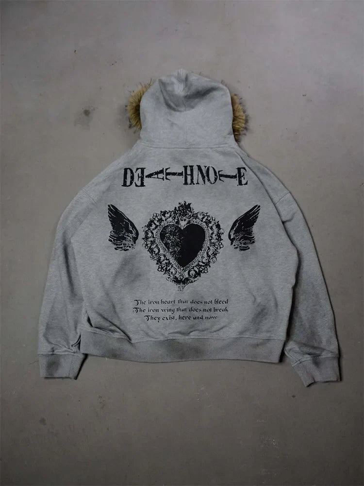 Winter Fashion Streetwear Women's Gothic Printed Faux Fur Hooded Jacket Trendy Edgy Zip - Up Sweatshirt 2026 New Arrival LadyShow.Store