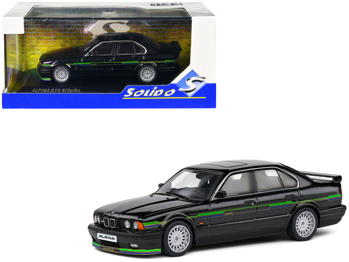 1994 BMW E34 Alpina B10 BiTurbo Black Metallic with Green Graphics 1/43 Diecast Model Car by Solido LuxuryLifeWay Online Store