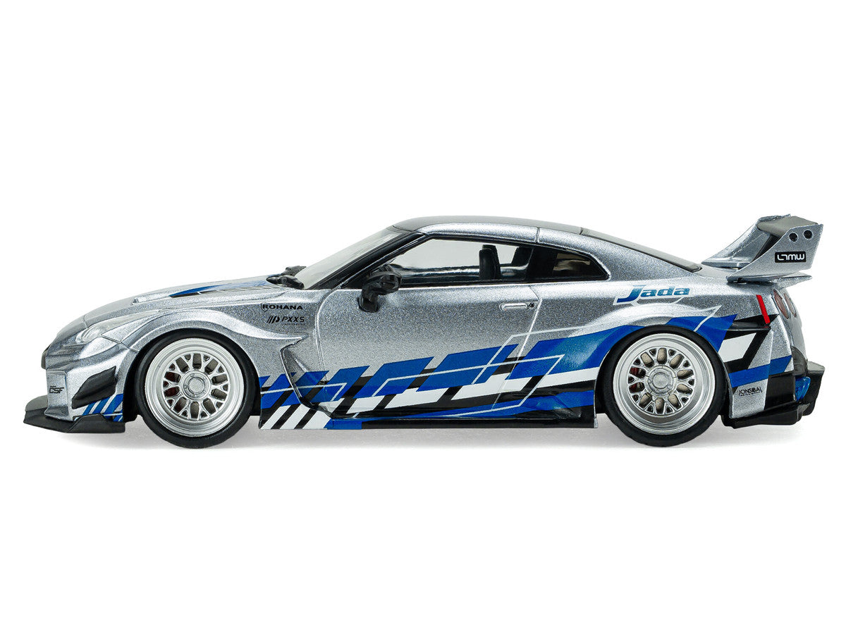 2020 Nissan GT-R (R35) Liberty Walk Silhouette RHD (Right Hand Drive) Silver Metallic with Black Top and Blue Graphics 1/43 Diecast Model Car by Solido LuxuryLifeWay Online Store