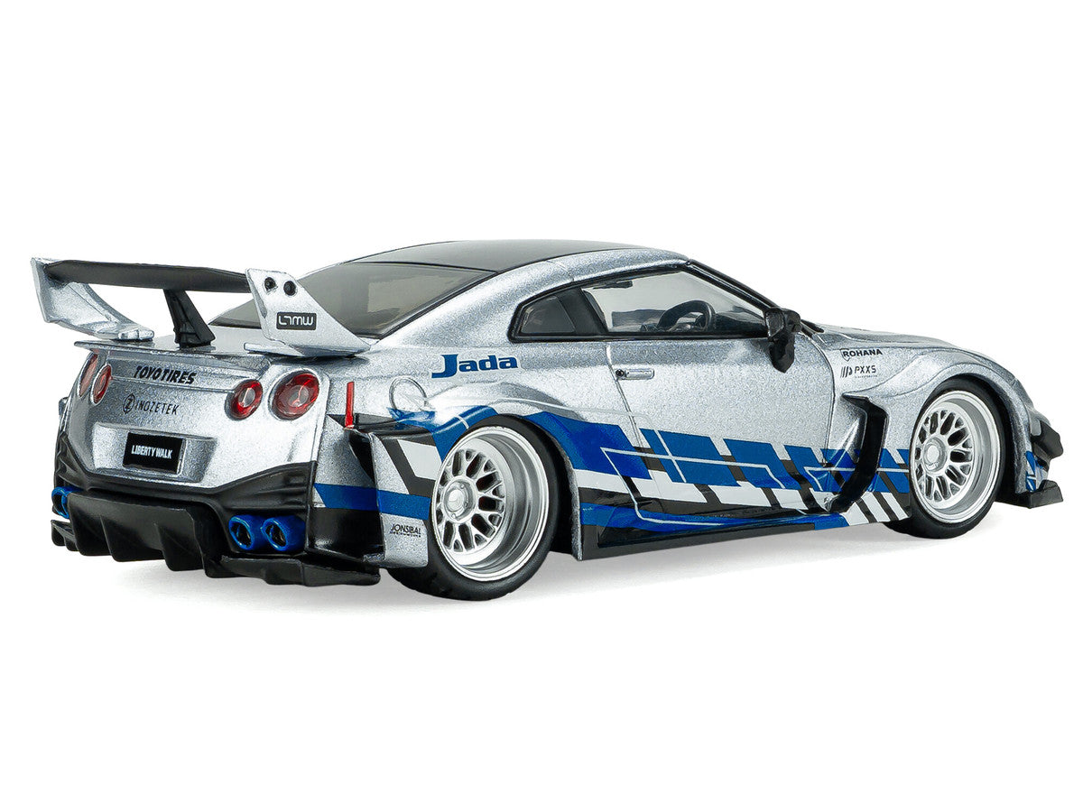 2020 Nissan GT-R (R35) Liberty Walk Silhouette RHD (Right Hand Drive) Silver Metallic with Black Top and Blue Graphics 1/43 Diecast Model Car by Solido LuxuryLifeWay Online Store