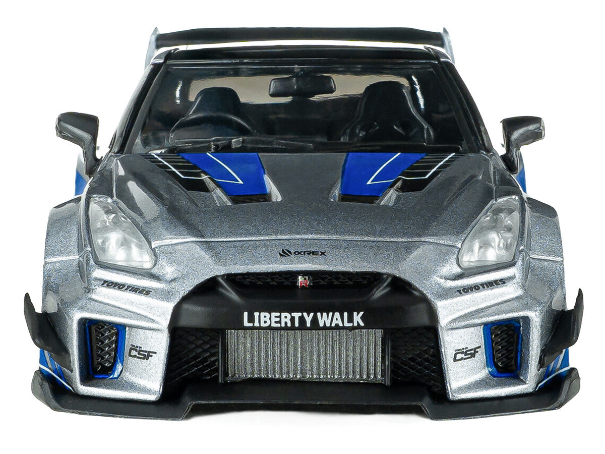 2020 Nissan GT-R (R35) Liberty Walk Silhouette RHD (Right Hand Drive) Silver Metallic with Black Top and Blue Graphics 1/43 Diecast Model Car by Solido LuxuryLifeWay Online Store