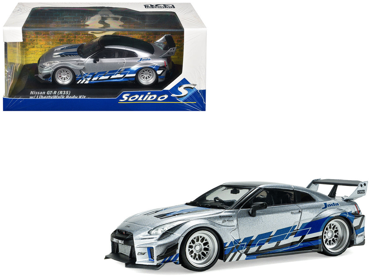 2020 Nissan GT-R (R35) Liberty Walk Silhouette RHD (Right Hand Drive) Silver Metallic with Black Top and Blue Graphics 1/43 Diecast Model Car by Solido LuxuryLifeWay Online Store