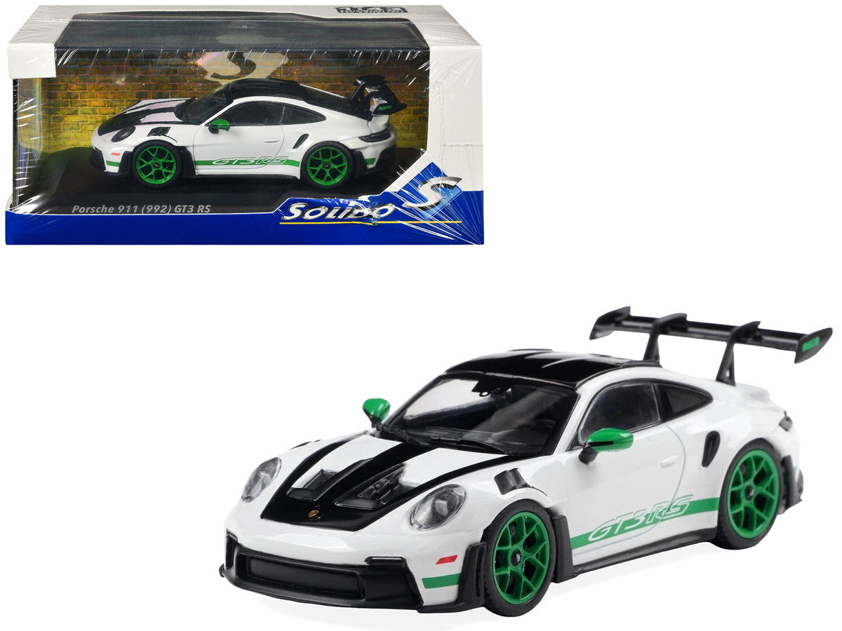 2023 Porsche 911 (992) GT3 RS "Tribute to Carrera RS Package" White with Green Stripes and Black Hood and Top 1/43 Diecast Model Car by Solido LuxuryLifeWay Online Store