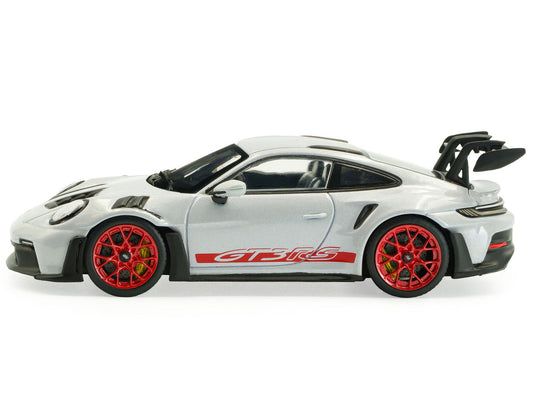 2023 Porsche 911 (992) GT3 RS Ice Gray Metallic with Pyro Red Stripes 1/43 Diecast Model Car by Solido LuxuryLifeWay Online Store