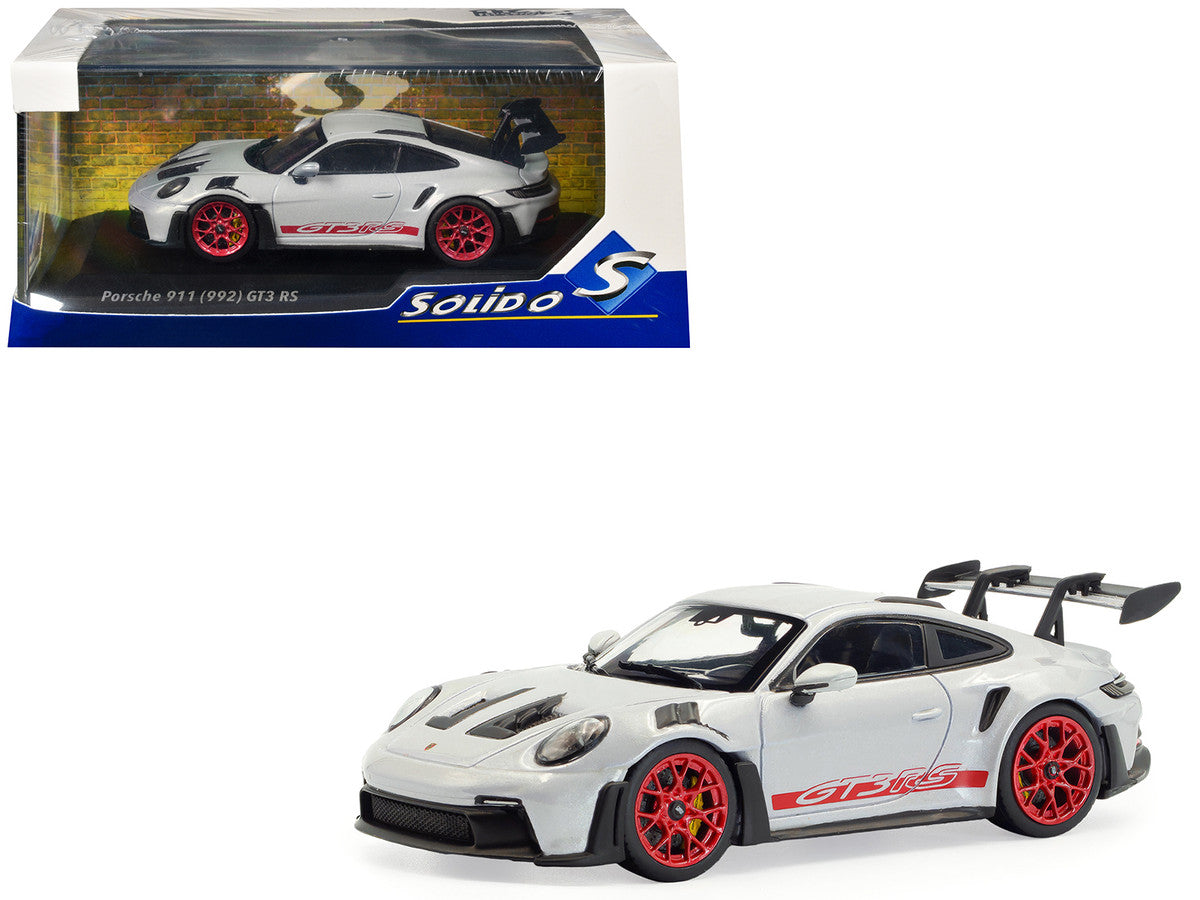 2023 Porsche 911 (992) GT3 RS Ice Gray Metallic with Pyro Red Stripes 1/43 Diecast Model Car by Solido LuxuryLifeWay Online Store