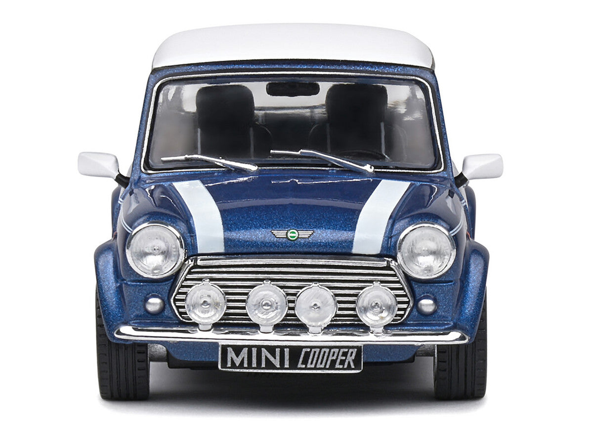 1994 Mini Cooper Sport Tahiti Blue Metallic with White Top and Stripes 1/43 Diecast Model Car by Solido LuxuryLifeWay Online Store