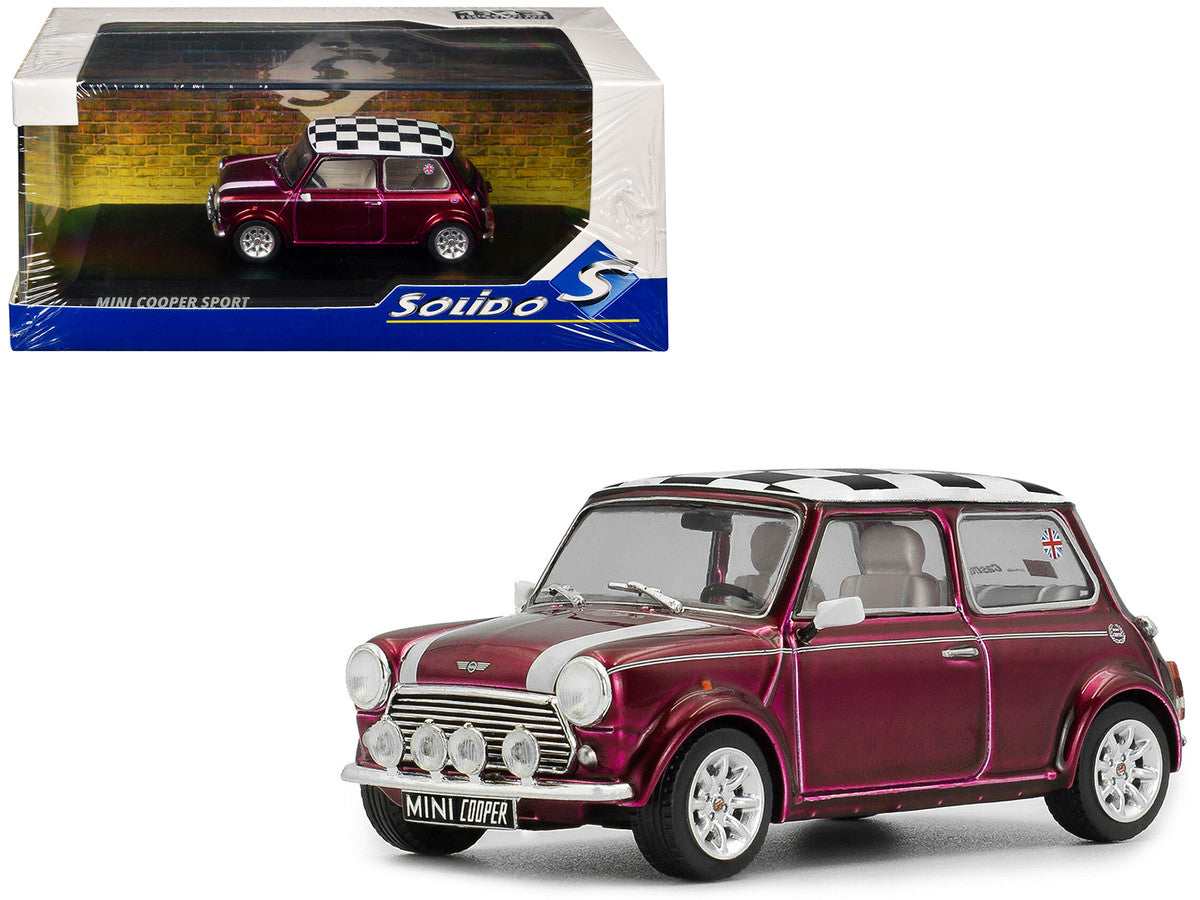 1997 Mini Cooper Sport Purple Metallic with White Stripes and Checkered Top 1/43 Diecast Model Car by Solido LuxuryLifeWay Online Store