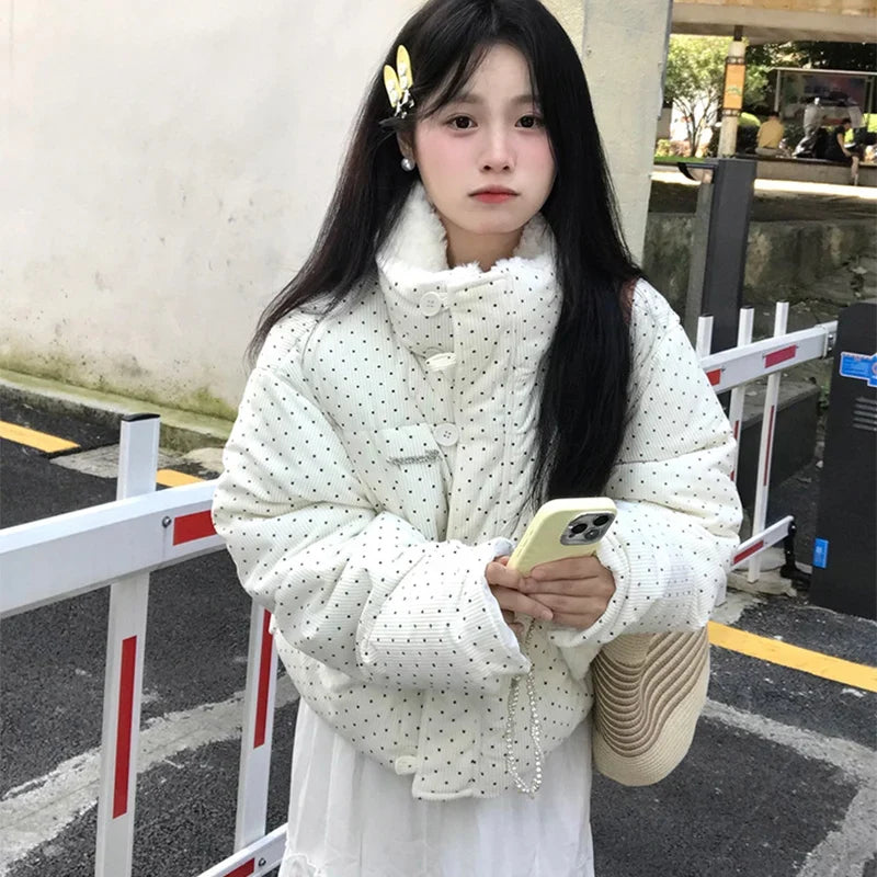 Women's Kawaii Polka Dot Down Cotton Jacket Korean Button Patchwork Corduroy Short Parkas Y2K Stand Collar Puffer Warm Jacket LadyShow.Store