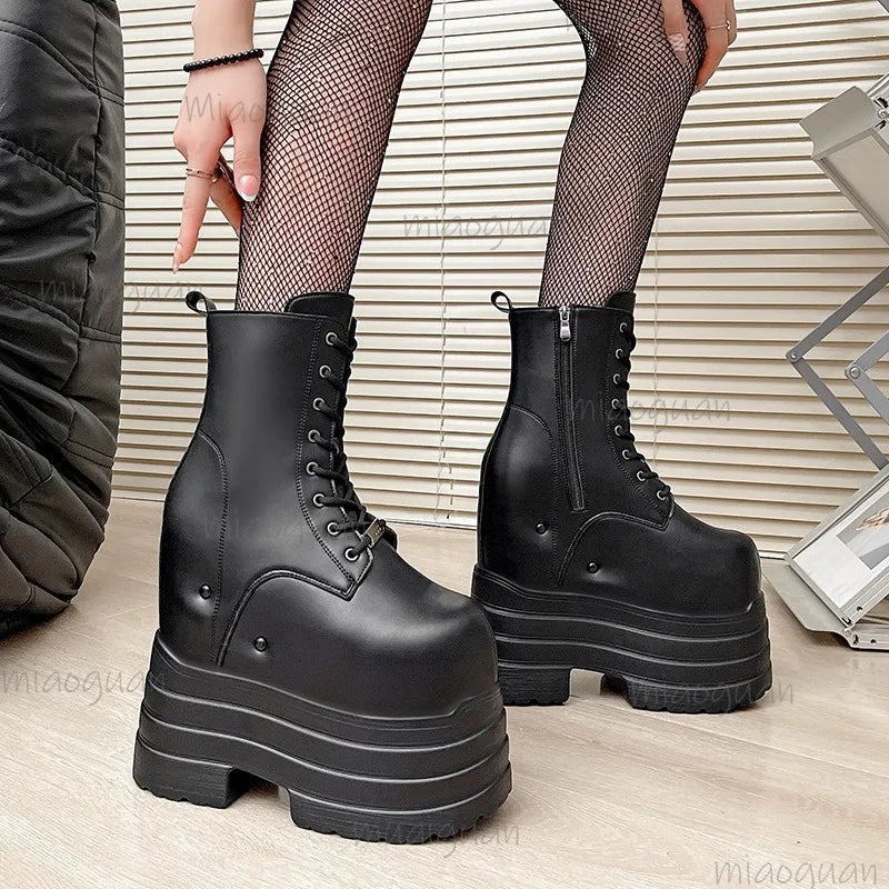 Height Increasing Women's High Boots Black Leather Thick Bottom Platform Shoes Side Zip Gothic Punk Short Boots Street Style LadyShow.Store