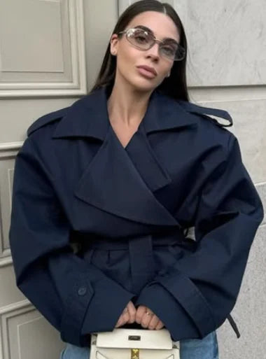 Fashion Women Lace Up Cropped Trench Coat 2026 Lapel Long Sleeves Wide Shoulder Windbreaker Jacket Lady Spring Commuting Outwear LadyShow.Store