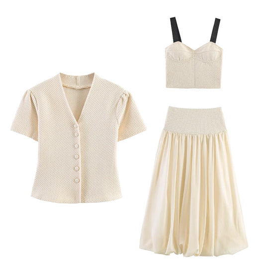 Summer minimalist style V-neck slim fit structured knit short sleeved knitted jacket with suspender short top and half skirt LadyShow.Store