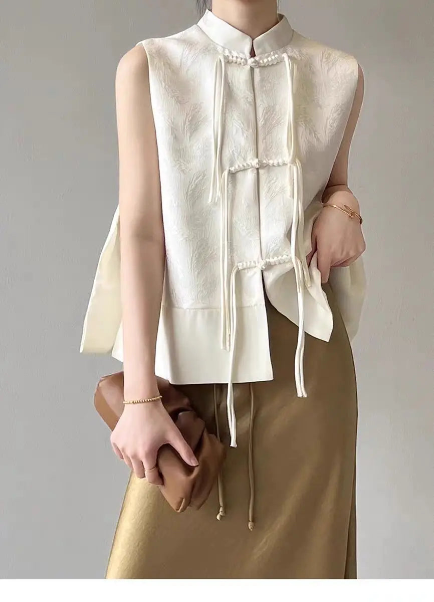 2026 spring new chinese new style plate buckle waistcoat jacket jacquard stand collar sleeveless retro women cheongsam waistcoat Pi-Mart