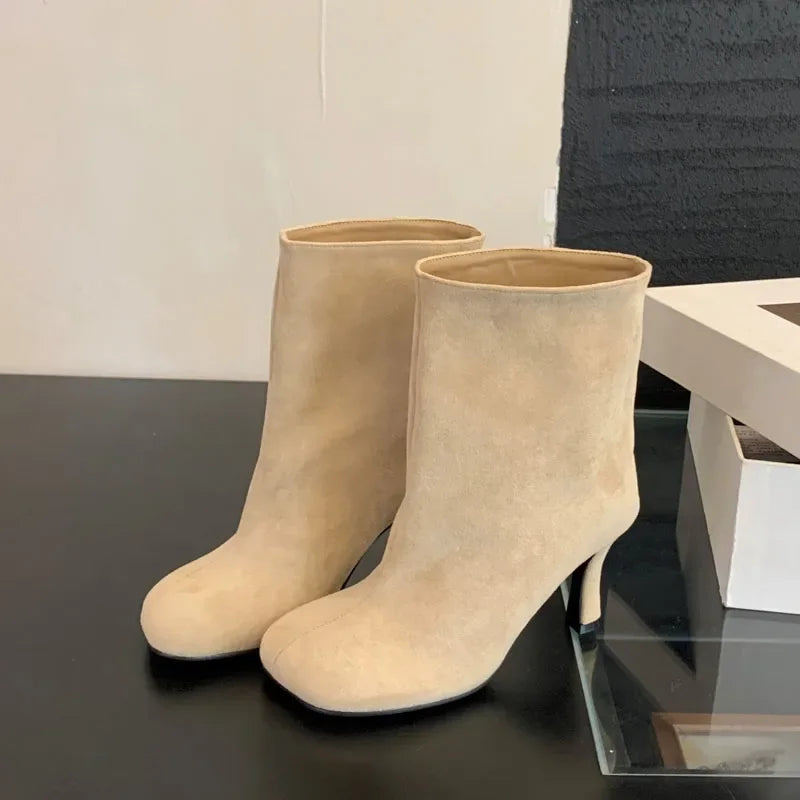 Eilyken Street Style Pleated Round Toe Women Ankle Boots Thin Heels Shoes Winter Concise Chelsea Short Botas Mujer LadyShow.Store