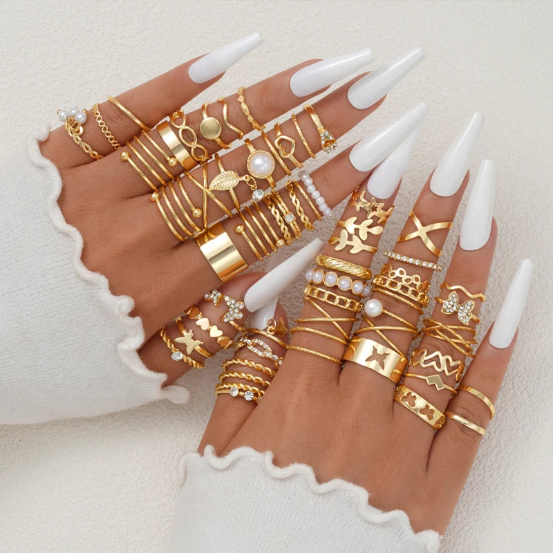 58PCS Vintage Heart Snake Butterfly Rings Set for Women Fashion Metal Gold Plated Geometric Hollow Finger Ring Jewelry Gifts New Pi-Mart