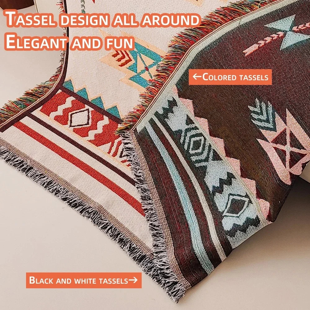 Aztec Blanket Oversized Boho Throw Blanket with Fringe Southwestern Geometric Tapestry Vintage Woven Throw Blankets Double-S Pi-Mart