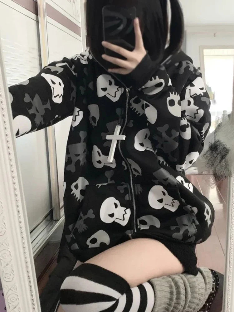 AltGoth Cyberpunk Y2k Sweatshirt Women Mall Goth Harajuku Skull Printed Long Sleeve Zipper Cardigan Hoodie Emo Alt Indie Clothes LadyShow.Store