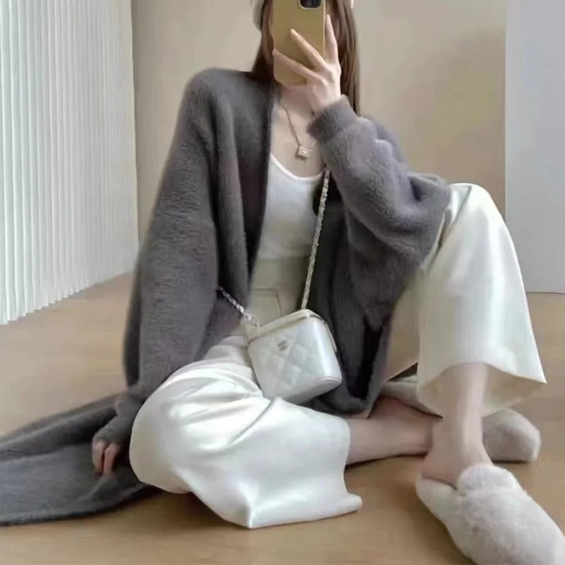Autumn and winter loose and lazy style open knit coat, thick knee length imitation mink fur long sleeved sweater, warm jacket LadyShow.Store