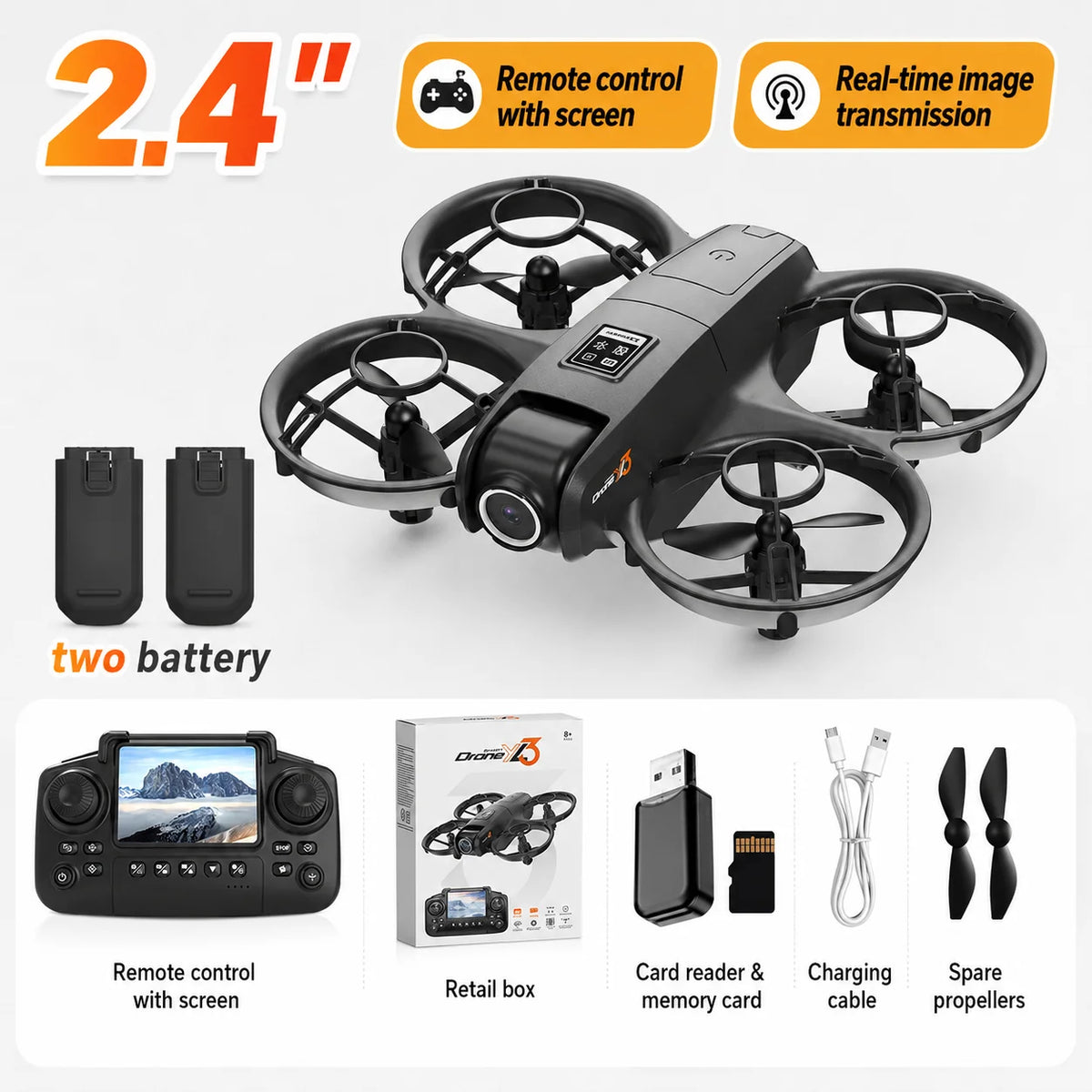 ZNLYRION YL3PK Mini Full Protective Drone With 2.4 Inch Screen Remote Dual Camera Optical Flow Hover 2 Batteries Indoor RC Quadcopter Pi-Mart