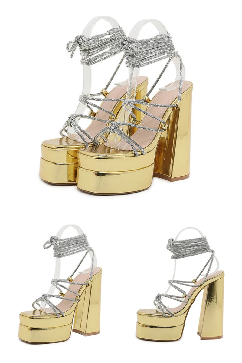 MM2025 New Arrival Rhinestone Embellished Knot T-Strap Heels Roman Peep-toe Summer Sandals Shiny Perfomance Anniversary Footwear Pi-Mart