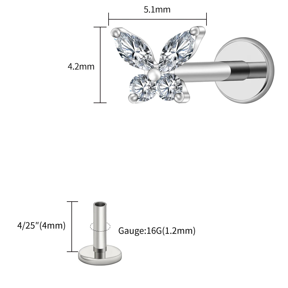 Right Grand ASTM F136 Titanium 16G Mini Butterfly CZ Labret Tragus Cartilage Conch Forward Helix Stud Nose Piercing Body Jewelry Pi-Mart