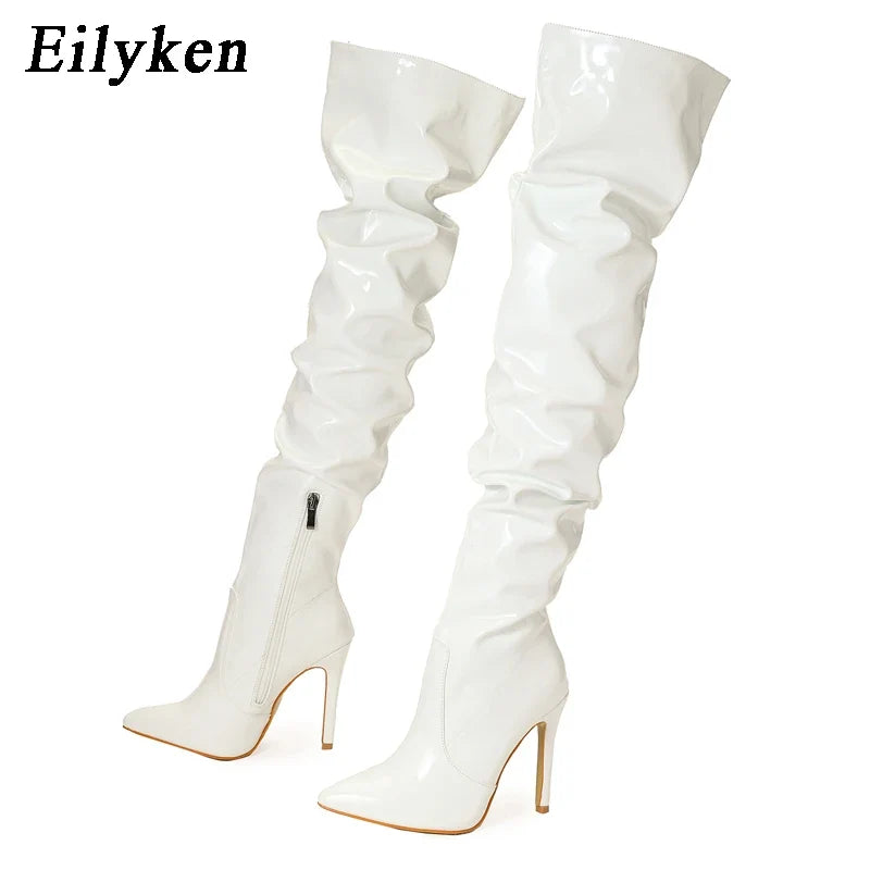 Eilyken Red Women Over The Knee Boots High Heels Patent Leather Solid Pointed Toe Stiletto Side Zipper Sapatos Femininos LadyShow.Store