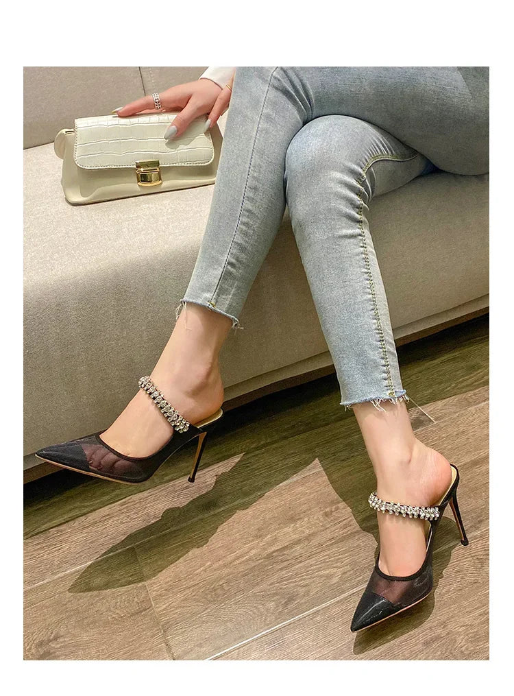 New Fashionable Thin Heel Pointed Water Diamond Mesh Hollow Sandals with Design Sense Half Dragged Muller Shoes ForOuterwear Pi-Mart