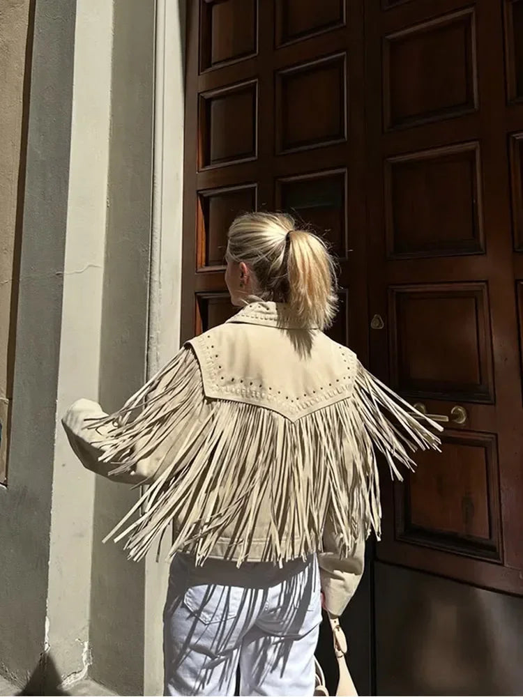 Short Pu Suede Jacket Women Fashionable New 2025 Long Sleeve Tassel Lapel Collar Cropped Slim Coat Lady Street New Outerwear LadyShow.Store