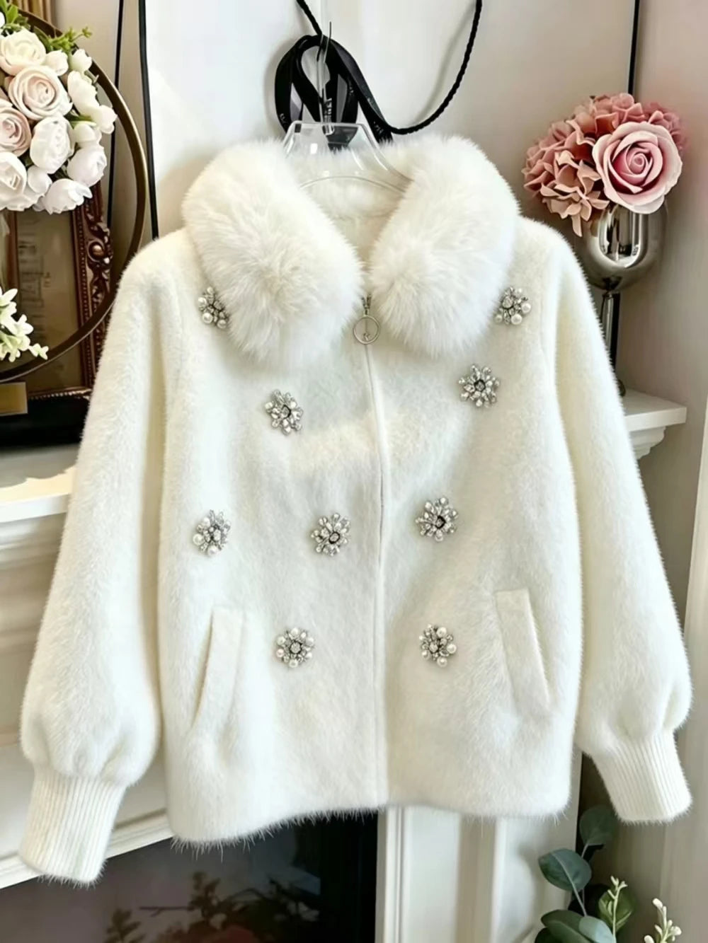 Luxury Diamonds Stitch Thick Winter Sweaters  Knitwear Coat Faux Fur Collar Knitted Cardigan Jacket Coat Women's Trend Sweater Pi-Mart