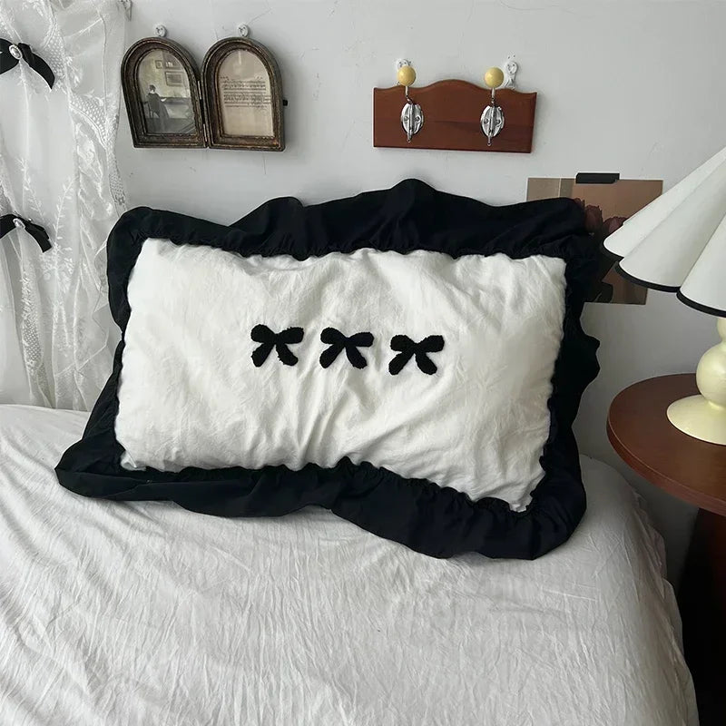 Black Bow Cotton Bedding Set, Princess Style Cute Girl Skin Friendly Soft Duvet Cover, Bed Sheet or Bed Skirt Pillowcase Pi-Mart
