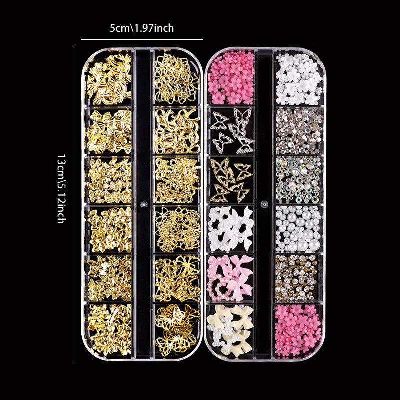 24-Piece 3D Y2K Millennial Nail Art Decoration Set, Assorted Rhinestones, Pearls, Butterfly, Heart & Flower DIY Nail Charms Pi-Mart