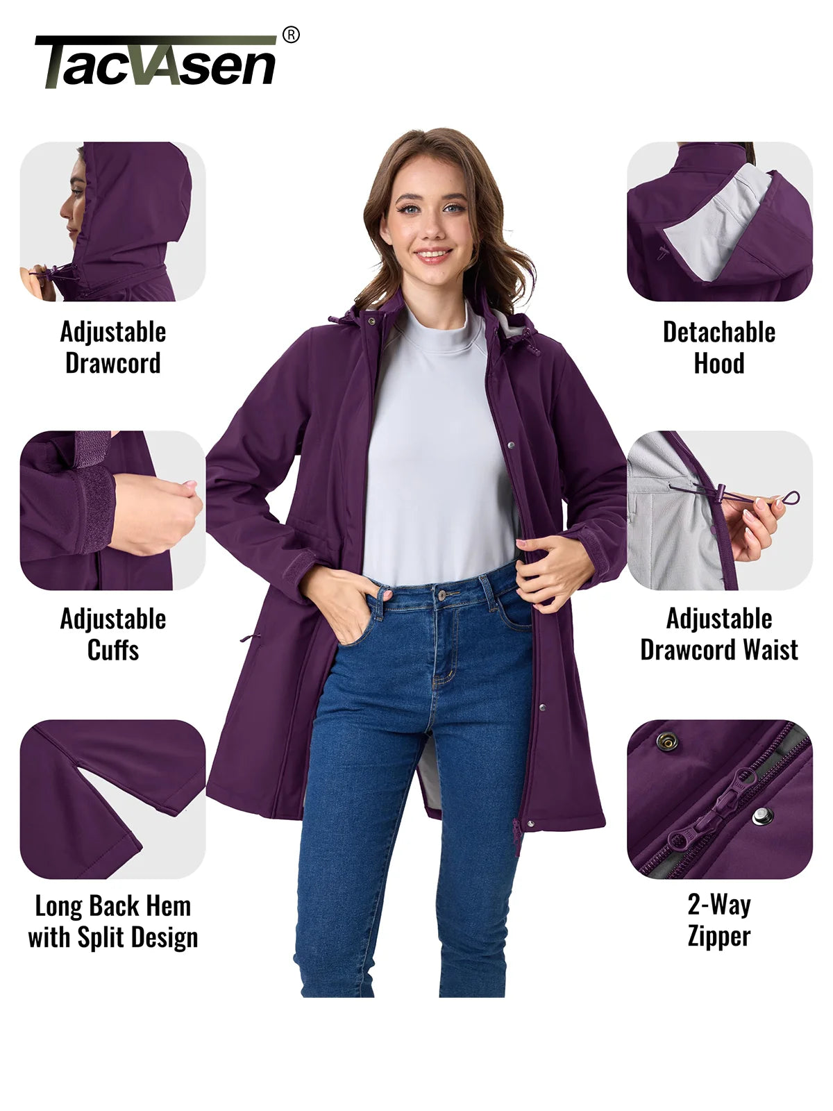 TACVASEN Women's Long Hooded Jacket Fleece Lined Softshell Jacket Waterproof Windproof Hiking Jacket Rain Coat Windbreaker Parka Pi-Mart