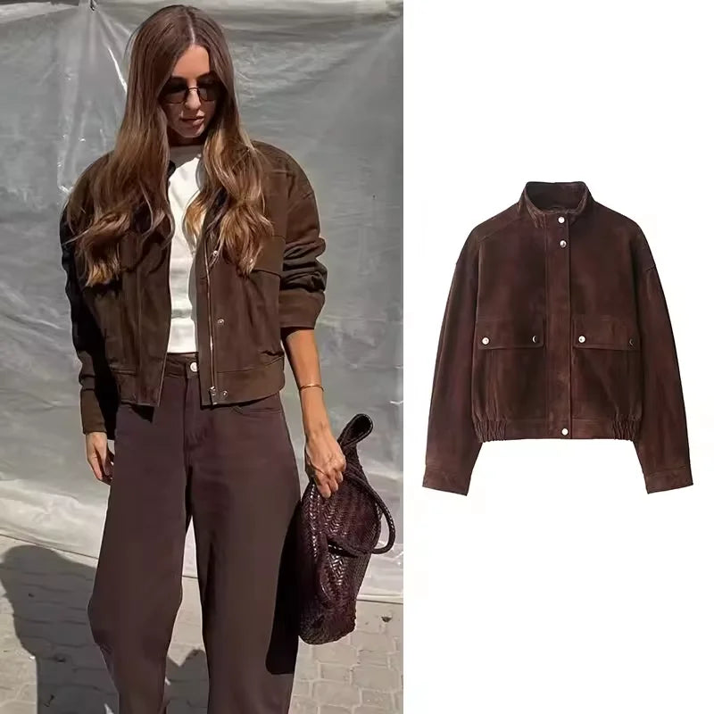 Women Suede Leather Jacket with Pockets Autumn Fashion High Collar Long Sleeve Button Jacket Lady Coats Causal Female Chic Tops LadyShow.Store
