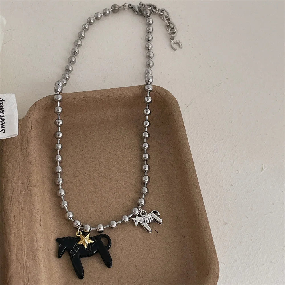LATS White Black Green Blue Pink Color Enamel Colt Horse Pendant Necklaces for Women Silver Plated Alloy Beads Chain Chokers Pi-Mart