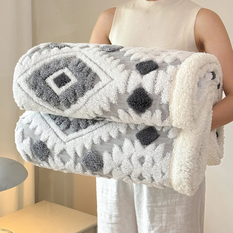 Geometric Patterned Jacquard Fleece Blanket Double Layer Thick Warm Taffeta Sofa Throw Blanket Spring Autumn Plush Bed Blanket Pi-Mart