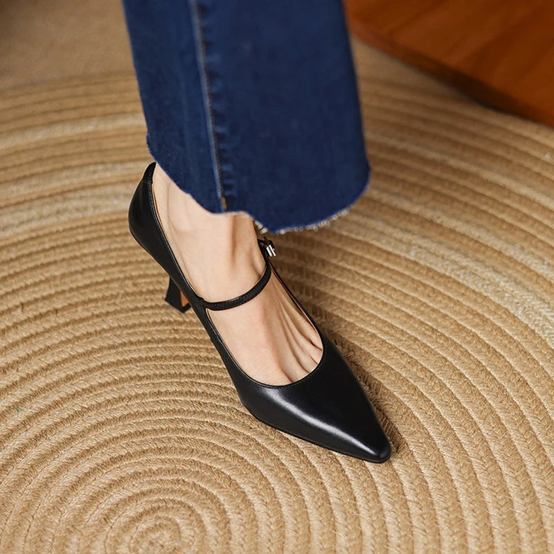 NEW Spring/Autumn Women Pumps Genuine Leather Shoes for Women Pointed Toe Thin Heel Shoes Shallow Buckle Strap Mary Janes Shoes Pi-Mart