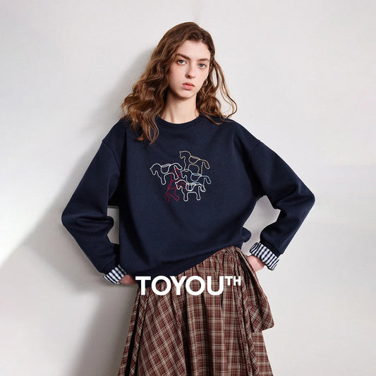TOYOUTH Women Crewneck Patchwork Plaid Fake Two-Piece Pony Embroidery Loose Sweatshirt 2026 Spring New Tops LadyShow.Store