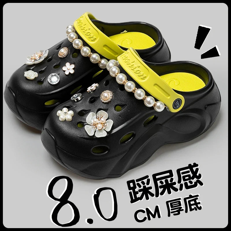 Summer Fashion Pearl Chain DIY Clogs Women 2025 Chunky Platform Slip On Sandals Women Thick Bottom EVA Slippers Shoes Woman Heel LadyShow.Store