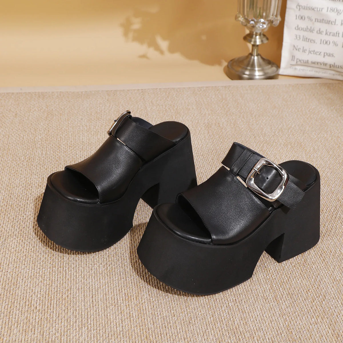 GKTINOO 2026 Summer New Genuine Leather Thick Soled Height Increasing Slippers Fashionable Women's Super High Heels Sandals Pi-Mart