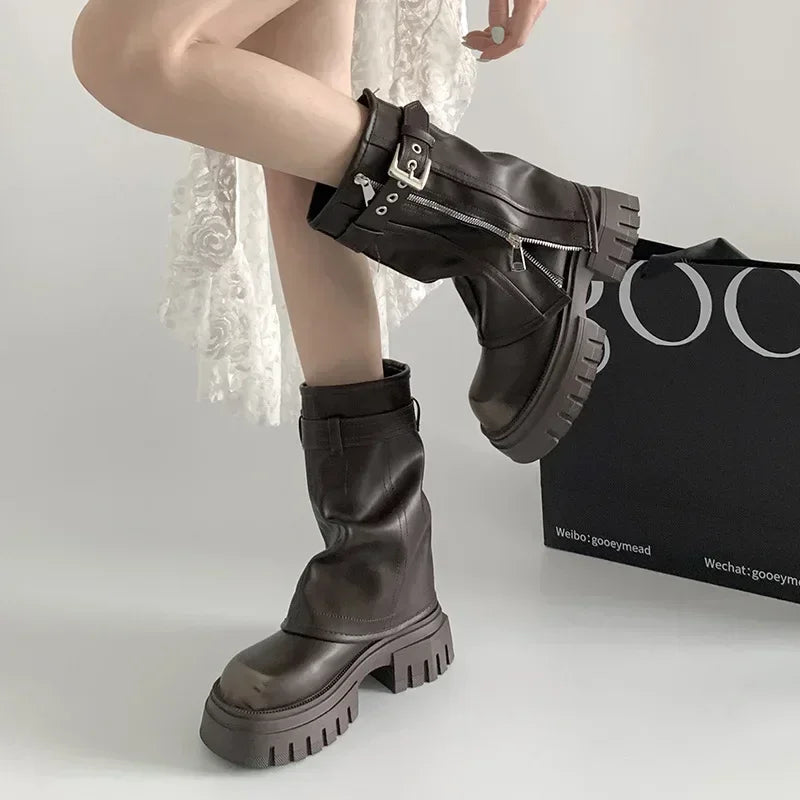 2025 Winter Women Biker Boots Fashion Belt Buckle Ladies Elegant Platform Long Pipe Booties Casual Women's Knee High Booties LadyShow.Store